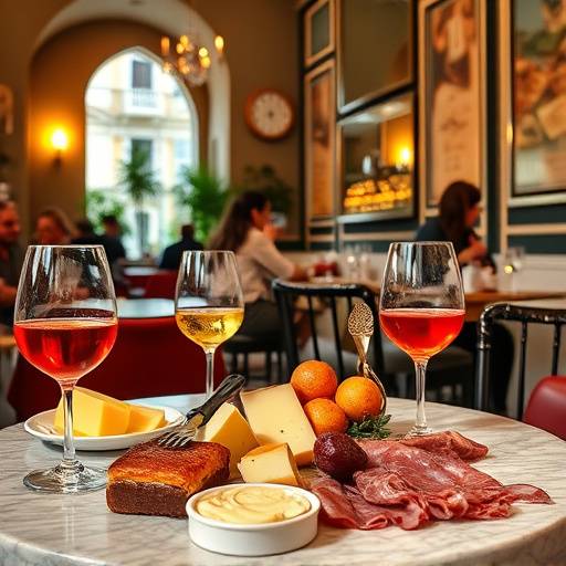 A beautifully designed cafe in Rome, showcasing a vibrant aperitivo spread with elegant glassware, artisanal cheeses, and cured meats.