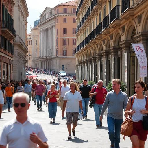 A candid street photography shot on Via del Corso in Rome, capturing the hustle and bustle of daily life.