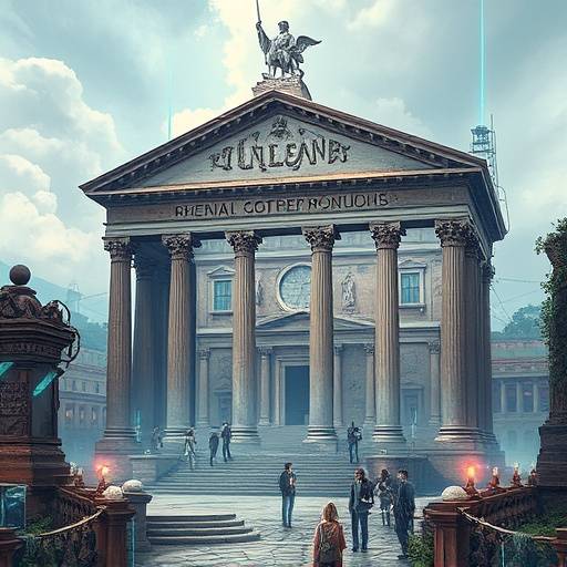 A digital art piece depicting a cyberpunk version of Rome, blending ancient architecture with futuristic technology.