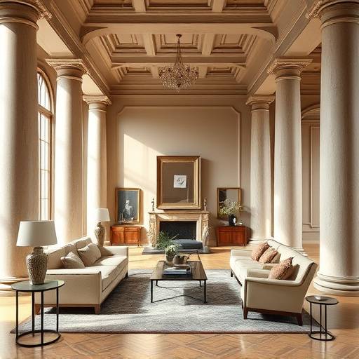 A modern living room interior inspired by Renaissance art, featuring classic columns and archways, blending historical elements with contemporary furniture.