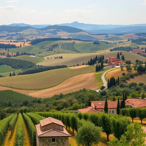 A panoramic photograph of the rolling hills of the Tuscan countryside, showcasing vineyards and olive groves.