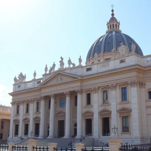 A photograph showcasing the stunning architecture of Vatican City, with St. Peter's Basilica in the foreground.
