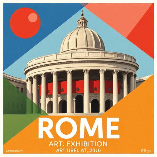 A poster design for a fictional art exhibition in Rome, featuring abstract geometric shapes and vibrant colors.