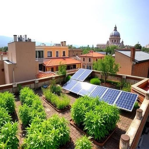 A rooftop garden in Rome, showcasing sustainable design principles with solar panels, recycled materials, and lush greenery.