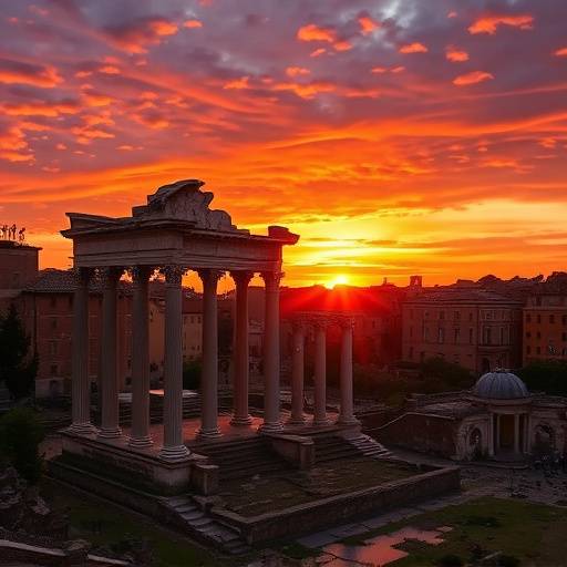 A vibrant sunset over the Roman Forum, casting orange and purple hues on the ancient ruins.