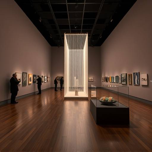 A wide shot of a museum exhibition space, with Atelier Luce's interactive light installation prominently displayed.