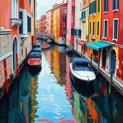 An abstract painting inspired by the reflections on the canals of Venice, using bold colors and textures.