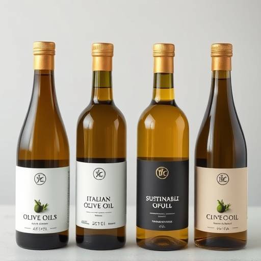 Elegant packaging design for a premium Italian olive oil, featuring minimalist labels and sustainable materials.