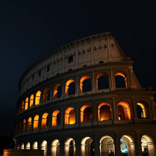 The Colosseum illuminated at night, showcasing its architectural grandeur against the dark sky.